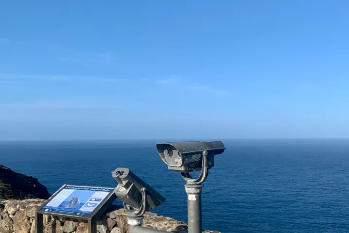Coin-operated binoculars and sign overlooking ocean under clear blue sky.