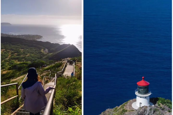 Person descends stairs on hill, ocean view; red-roofed lighthouse on cliff by blue sea.